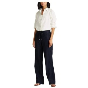 NWT Women $125 Lauren Ralph Lauren 100% Linen Wide-Leg Pants Navy SZ-16 Pull On - Picture 1 of 10