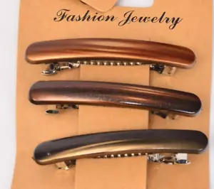 3 Hair Barrettes 2.5" x 3/8" wide 3 wood brushed tones Secure French Clasp Short - Picture 1 of 4