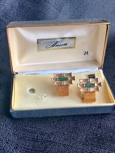 VTG Anson Cuff Links Genuine Jade Gold Colored Stacked Bamboo w/Mesh Wrap Boxed