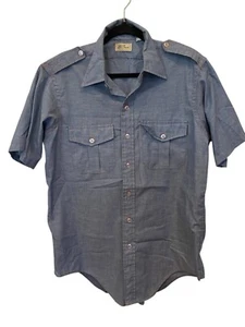 Vintage LL Bean Button Up Chambray Shirt Blue Mens 16 Short Sleeve Epaulets - Picture 1 of 8