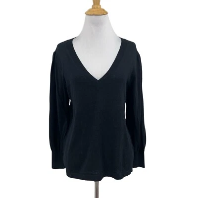 Lilla P Sweater Womens M Medium Black Cotton Linen Blend V Neck Billowy Sleeves - Image 1 of 4