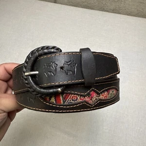 Vintage Beautiful Handmade Leather Belt Argentina Horses Embroidered Inlay 45” - Picture 1 of 10