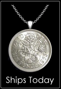 BRITISH SIXPENCE Necklace - vintage english floral coin pendant jewelry - Picture 1 of 4