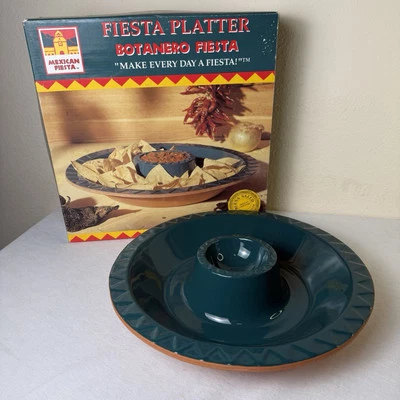 Vintage Chip & Dip Serving Bowl Mexican Fiesta Party Bowl - Green W/Terra Cotta - Image 1 of 4
