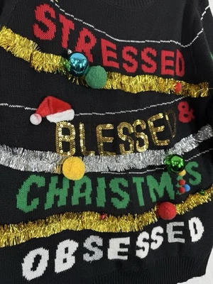 Suéter Feo Navidad Mujer XL Oropel Adornos Estrés Bendito Negro Vacaciones Foto 1 de 4