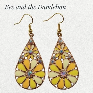 Summer Flower Yellow Enamel and Crystal Teardrop Gold Tone Earrings - Picture 1 of 6