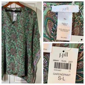 Poncho top J. Jill verde paisley floreale S-L nuovo con etichette tunica boho riciclata polifluida - Foto 1 di 11