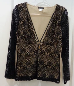 Venus-Black Lace Stretch Top💗Sexy Plunge V-Neck Long Sleeve top💗Sz M - Picture 1 of 5
