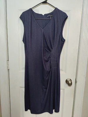 WHBM V-Neck Dark Blue Chambray Ruched Embellished Sleeveless Midi Dress 12 - Image 1 of 4