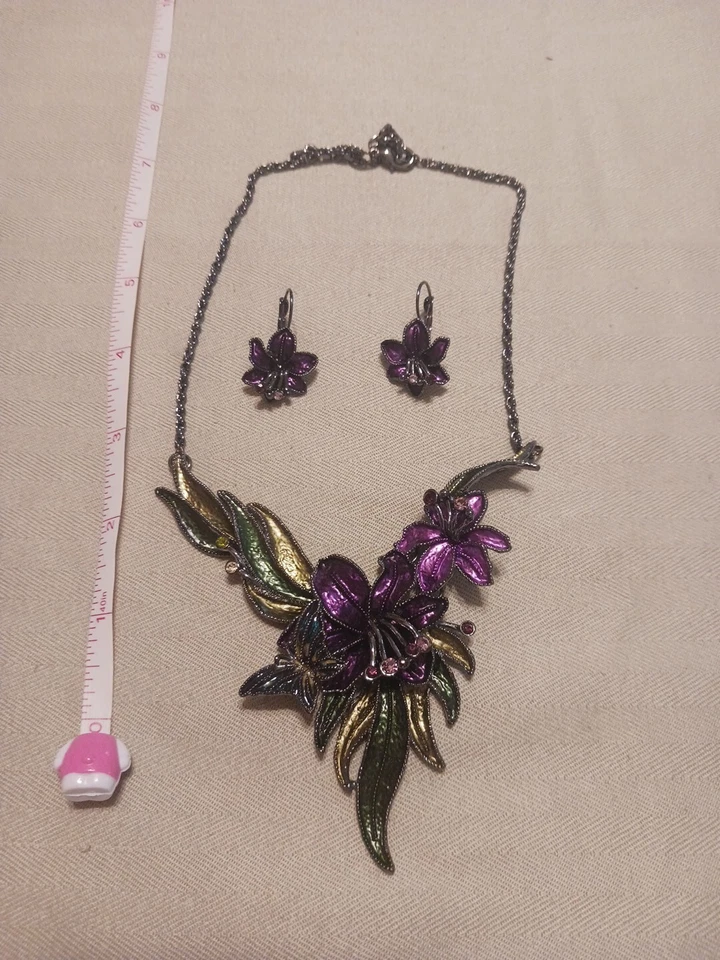 Set Earrings Necklace. Purple Lilies Leverback Earwires. Adjustable Neck Chain - Image 1 of 4