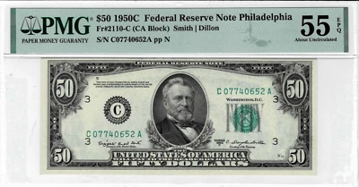 1950 $50 Federal Reserve Note-fr. 2110-C (Philadelphia) PMG AU 55 EPQ - Image 1 of 4