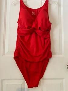 DENIM & CO Beach Twist V-Neck 1-Piece w/ Ruching TOMATO RED sz 14 - Picture 1 of 3