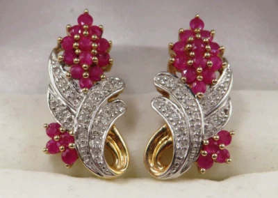 10K YELLOW & WHITE GOLD EARRING PAIR w 32 RUBIES & 34 DIAMONDS - FLOWER MOTIF* - Image 1 of 4