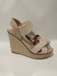 Merona Sandals Womens 6.5 Open Toe Wedge Strappy Espadrille Beige Fabric Slip On - Picture 1 of 11