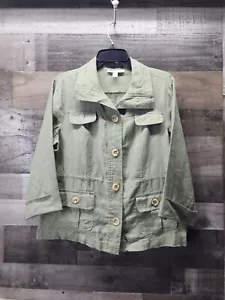JM Collection Women's 12P 100% Linen Safari Button up Military Jacket Olive - Picture 1 of 9