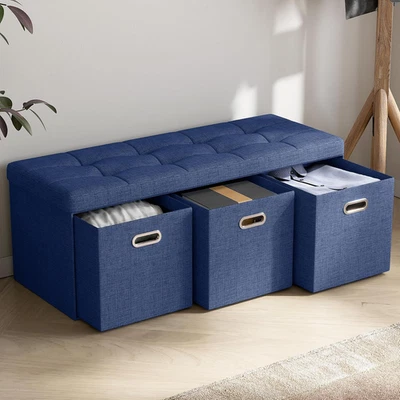Storage Ottoman with 3 Drawers, 40 Inches Long Foldable Tufted Linen Large Bench - Image 1 of 4