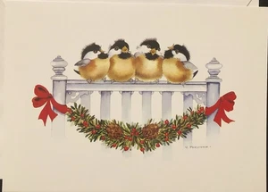 Vtg Christmas Greeting Card Adorable Young Chickadees On Fence Pinecone Red Bows - Picture 1 of 4