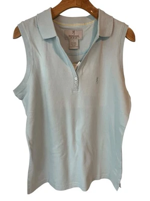 Camisa regata feminina Browning sem mangas grande azul gola V com colarinho de botão nova com etiquetas - Imagem 1 de 4