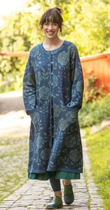 Gudrun Sjoden Coat Bulgaria Long Knitted Floral Coat Turquoise Medium rrp £159. - Picture 1 of 15