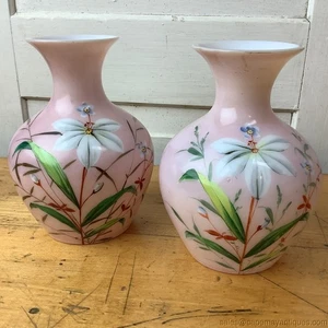 Set of 2 Pink Glass Vases Cased White Interior Hand Painted Florals Victorian - Picture 1 of 10