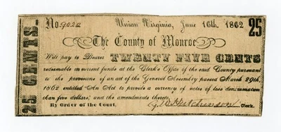 1862 25c The County of Monroe - Union, VIRGINIA Note CIVIL WAR Era - Image 1 of 2