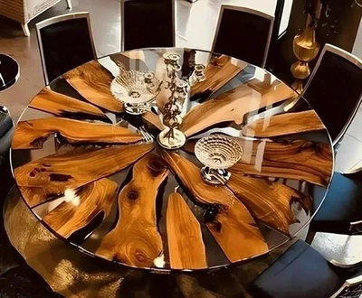 Round Clear Epoxy Coffee Table Top Live Edge Modern Acacia Wood Furniture Decor - Image 1 of 4