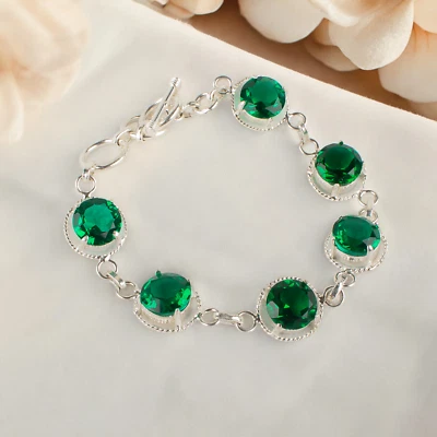 Statement Bracelet Green Emerald Gemstone 925 Silver bracelet May Birthstone 7.8 - Image 1 of 4