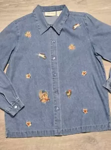 Hierba Limón Otoño Bordado Azul Denim Manga Larga Abotonada Talla PM - Imagen 1 de 13
