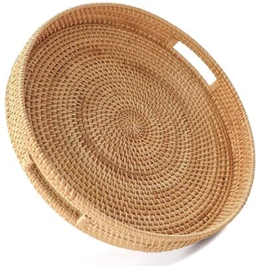 11.8'' Handwoven Round Rattan Serving Tray Decorative Wicker Trays With Handles - Picture 1 of 5