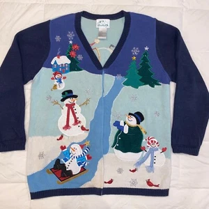 Women’s Christmas Cardigan Sweater by QUACKER FACTORY Snowman Scene Blue LARGE - Picture 1 of 12