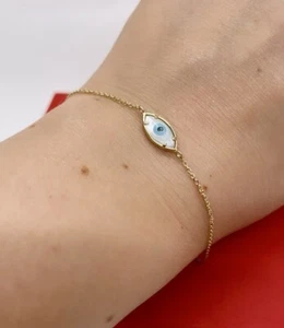 Evil Eye Bracelet, 14k Gold Evil Eye Charm Bracelet , Anti Jinx Charm  7 inches - Picture 1 of 8