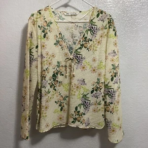 Zara Top Donna XXL Floreale Scollo V Pullover Leggero Perline Cravatta Cottagecore - Foto 1 di 10