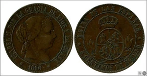 España Isabel II 5 Centimos 1866 Barcelona Cu MBC / VF 220 - Picture 1 of 1