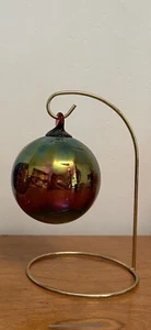 Iridescent Hand Blown Swirl Art Glass Window Or Tree Ornament Orb With Stand - Picture 1 of 2