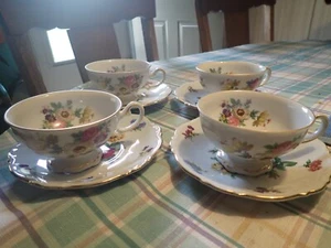 SET OF 4 MITTERTEICH BAVARIA GERMANY MEISSEN FLORAL FOOTED CUPS & SAUCERS - Picture 1 of 7