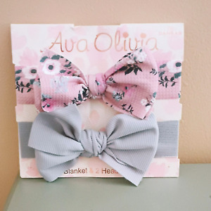 Ava Olivia Large Bow Headbands Size 30"x40" One Pink Floral and One Blue
