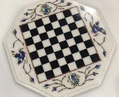 12" White Marble Chess Game Set Table Abalone Shell Birds Floral Inlay Art Decor - Image 1 of 4