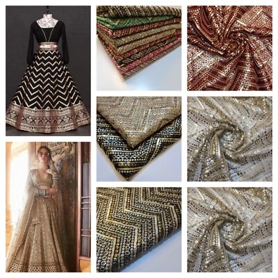 SABYASACHI INSPIRED MESH CHEVRON LEHNGA DRESS MATERIAL SEQUIN GLITTER FABRIC 44" - Image 1 of 4