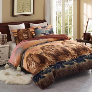 3Pcs Animal Print Blanket Set Warm Comfortable Wild Lion Comforter 78x83" Queen - Picture 1 of 5