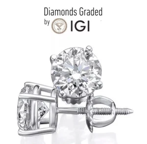 IGI Certified 2.00 Carat E VS1 Lab Grown Diamond Studs 14K Gold Screw Back - Picture 1 of 8