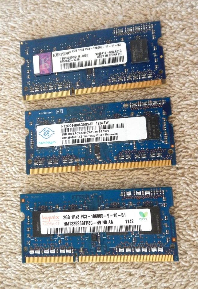 Lote 3 = 6GB (3X2GB) 1RX8 = (2) PC3-12800 + (1) PC3-10600 Memoria RAM para Laptop Foto 1 de 1
