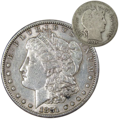 1881 S Morgan Dollar XF EF Extremely Fine with 1916 Barber Dime G Good Cover