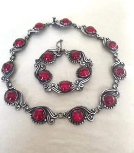 Vintage Geraldo Lopez Sterling Silver Red Glass Cabochon Necklace & Bracelet - Imagen 1 de 6