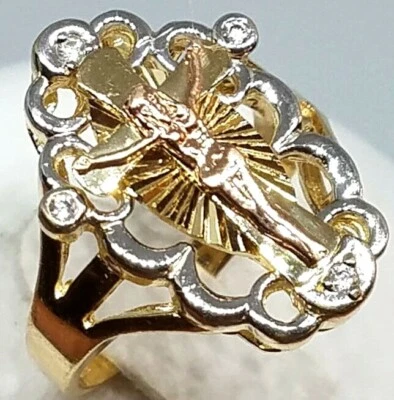Sale GOLd 14k Cross Jesus ring yellow white rose solid oval 8.5 ask 6 7 8 9 10 - Image 1 of 4