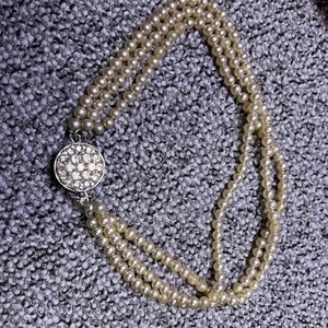 Vintage Sarah Coventry ST Rhinestone Clasp Pearl 3 Strand Necklace, 12 Inch Read - Picture 1 of 11