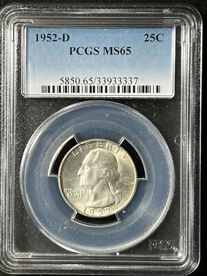 1952-D  25C Washington Quarter Dollar PCGS MS65  33933337 - Image 1 of 2