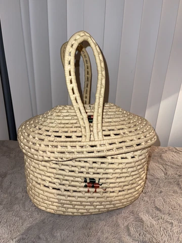 Native Southwestern Wicker Boho Coiled Gather Basket Handles Slide Lid Handmade Cover