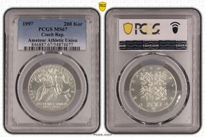 CZECH REPUBLIC SILVER 200 KORUN UNC COIN 1997 YEAR KM#28 ATHLETIC PCGS MS67 - Picture 1 of 3