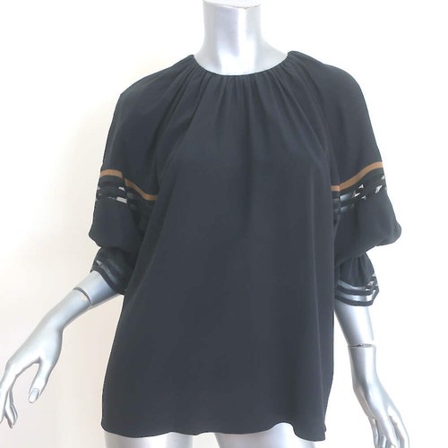 Blusa Fendi manica arricciata nera in seta con rifiniture a rete taglia 38