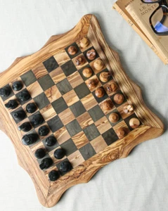 11.8’’ Handmade Chess Set, 32 Pieces, Olive Wood Board with Natural Grain - Picture 1 of 3